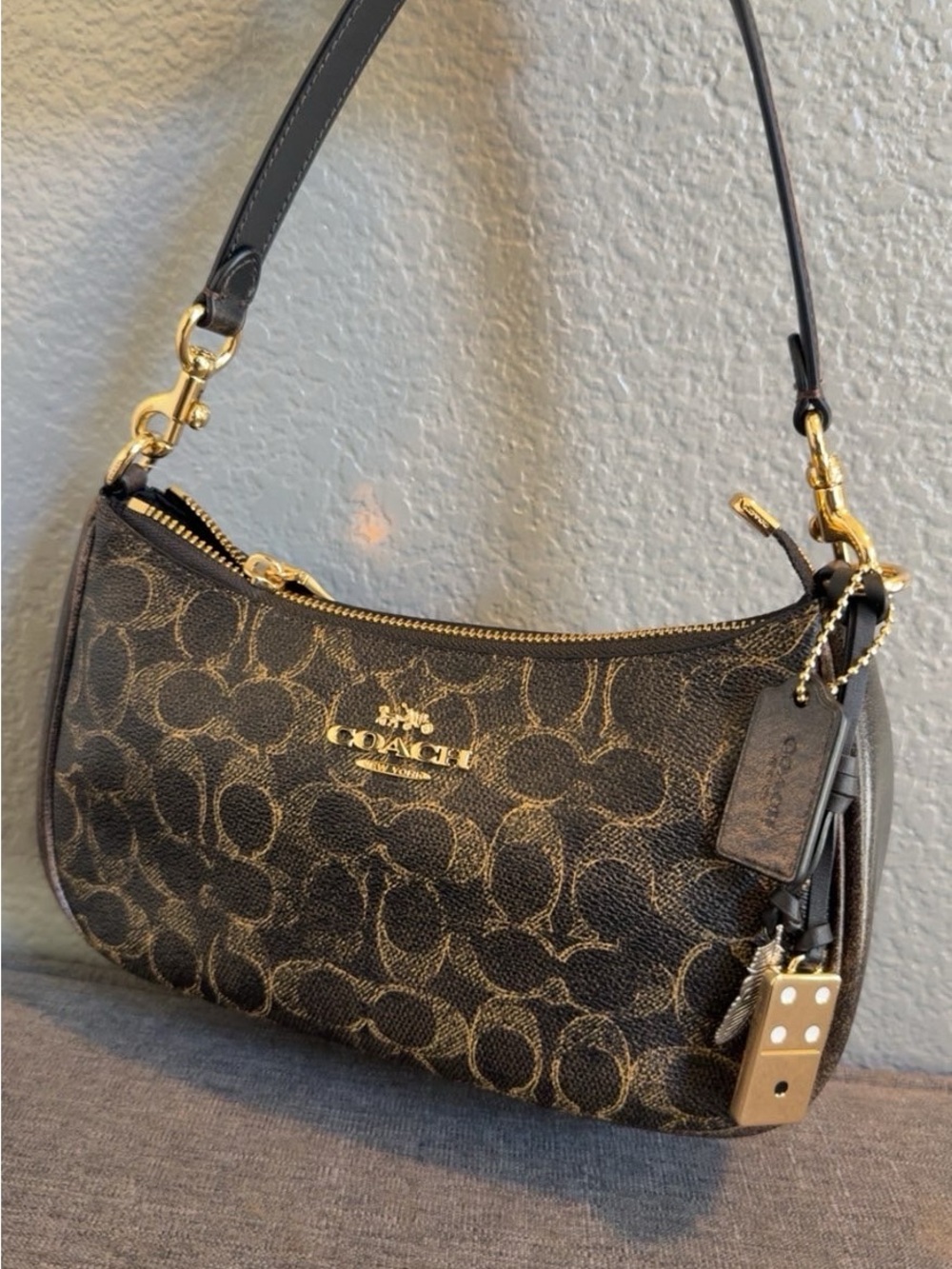 Coach Brown and Black Signature Mini Shoulder Bag with Gold Hardware